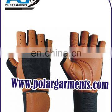 Genuine brown leather weight lifting gloves