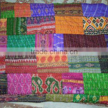 Antique Indian Quilt Vintage Patola Silk Sari Kantha Quilted Patchwork Throw Handmade Bedspreads