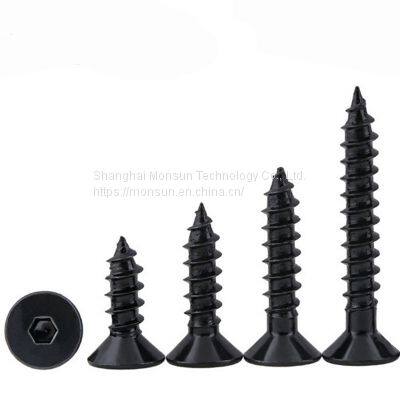 Hexagon socket wood screws, fiberboard screws, black phosphated C1022 hardened screws manufacturers supply