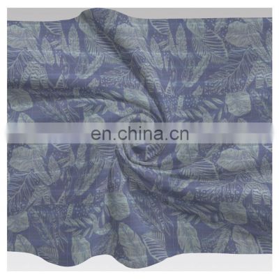 Blue Leaf Polyester Printed Fabric with Stretch for Dress and Skirt