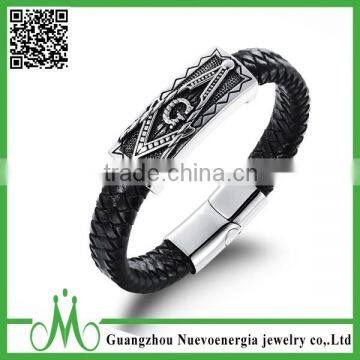 Braided Black Genuine Leather Bracelet Wholesale Mens Stainless Steel Clasp