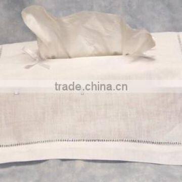 Plain hemstitch tissue box cover-white linen