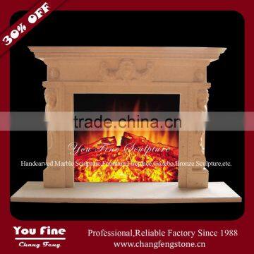 Carved Decorative Beige Marble Antique Style Fireplace