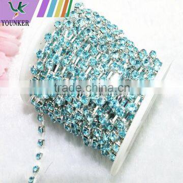 15 FEET 1 Yard SS16 4mm Aquamarine/Light Blue Crystal Siver Plated Rhinestone Chain Trims Cup Chain Wedding Garments Decoration