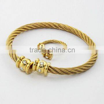 2014 new arrival stainless steel jewelry gold cable wire CZ bangle jewelry sets bangle and ring China supplier