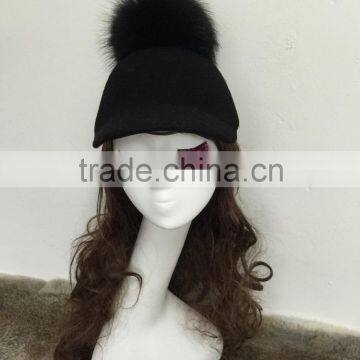 wholesale fashion womens wool felt horseman visor hat with top fur ball