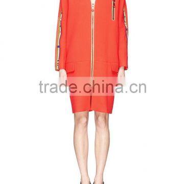 2015 Garment Factory Orange Stripe Zip Ladies Coat, Women Long Sleeve Jacket