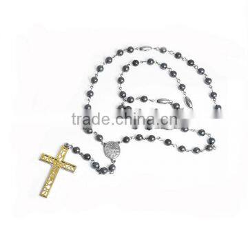 Religious latest design stainless steel hematite bead chain necklace designs LN3307