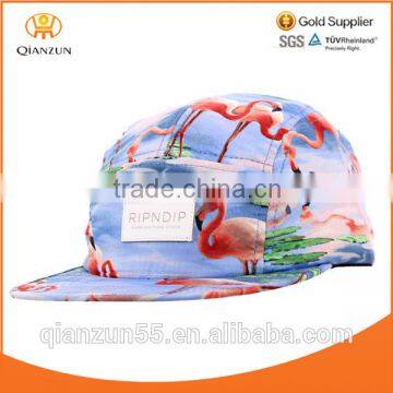 leather patch full printed 5 panel camp cap hat bird flamingo print custofm 5 panel cap