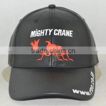 Professional custom 6 panel /embroidered logo/leather/black baseball cap