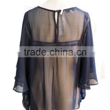 Sexy Chiffon Fluffy Bat Sleeve With Floral Embroidery Design Ladies Blouse Top photo-4