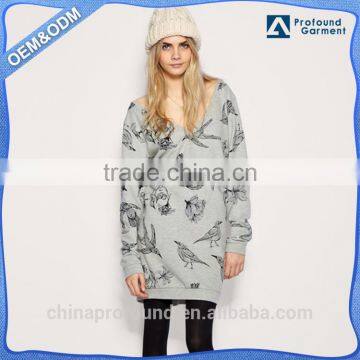 fashion longline sweatshirt V neck design ladies winter dress allover print new ladies fashion dress 2017 design