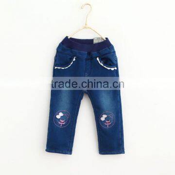 New fall children wear cartoon bear embroidered lace and cotton denim trousers