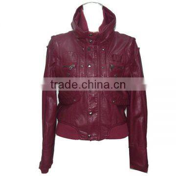 Rivert red PU jacket,faux leather wear for lady