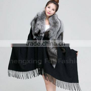 CX-B-P-53A Women Luxury Fox Fur Trim Pashmina Shawl photo-2