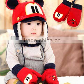 TC13006 New style fancy knitted animal pattern kids baby warm beanie hat and string knit baby winter gloves