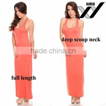 cotton spandex plain women maxi dress with scoop neck and slveeveless