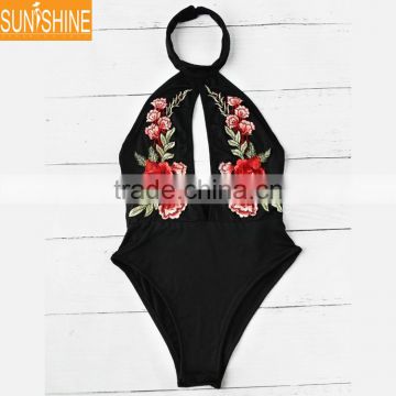 Women Sexy Swimsuit Ladies Swimwear Beachwear Hollow Out Custom Printing Black Embroidery Bikini