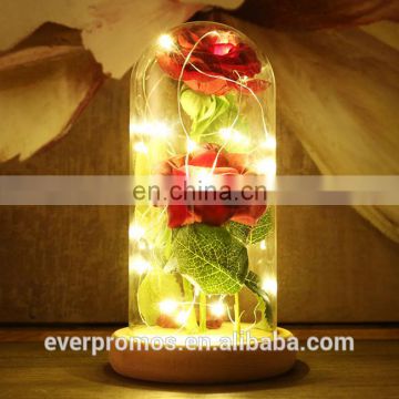 "Beauty and the Beast" Full Kit, Red Silk Rose and Led Light with Fallen Petals in a Glass Dome on a Wooden Base