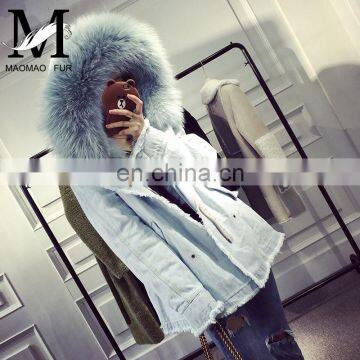 Hot Sale High Quality Winter New Products Raccoon Fur Lining and Raccoon Fur Collar Parka Ladies Denim Jacket