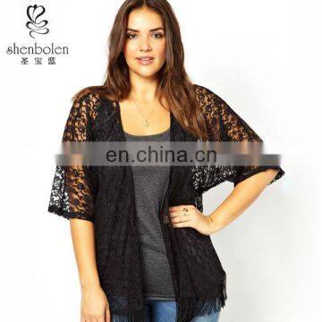 M3008 plus size women clothing beautiful black floral lace ladies front open tops