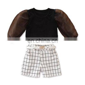 Girls Clothes Sets Puff Long Sleeve T Shirts Tops+ Plaid Short 2pcs Outfits