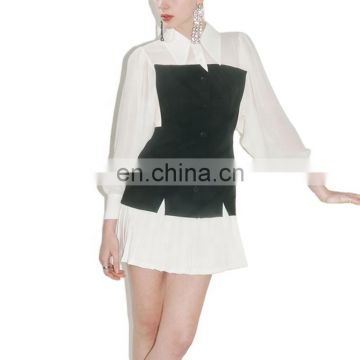 GALCAUR Dresses Female Lapel Collar Long Sleeve Ruched Plus Size Patchwork Hit Color