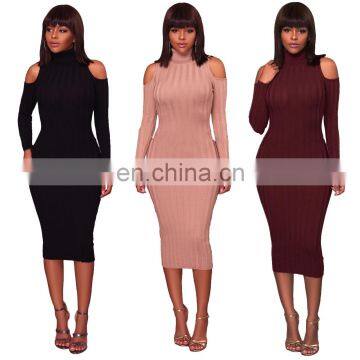 2020 New Arrivals Women Solid Color Fashion Casual Dresses Ladies Long Sleeve Turtleneck Off Shoulder Dresses Women Autumn Dress