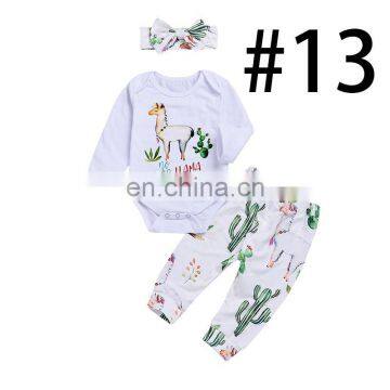 2019 Cactus Alpaca Boys White Rompers Outfits & Kids Cactus Full Print Pants & Baby Headband 3pc Set photo-2