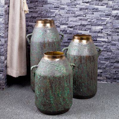 Retro Bronze European Ear Large Green Ceramic Flower Vase For Shopping Mall Hotel