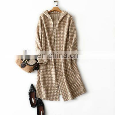 Women New Fashion Thick Plaid Cashmere Knit Cardigan Coat with Hood