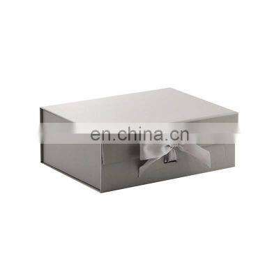 Luxury grey color printing hard board collapsible folding magnetic gift box with ribbon