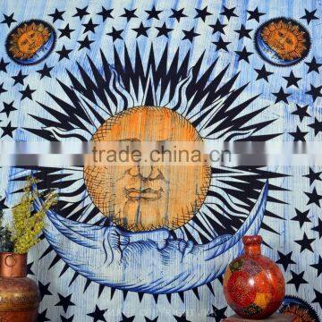 Indian Tapestry Cotton Sun and Moon Brush Print Blue Vintage Wall Hanging Good Morning Print Tapestries Throw Bedsheet