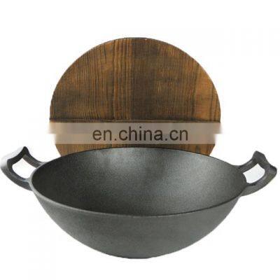 Big size camping pot with wood lid Chinese cast iron woks pan