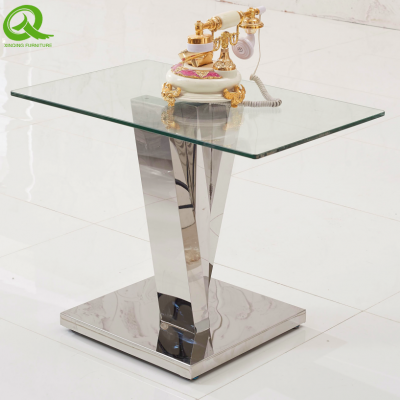 luxury square tempered glass top side table living room furniture sliver legs side table steel