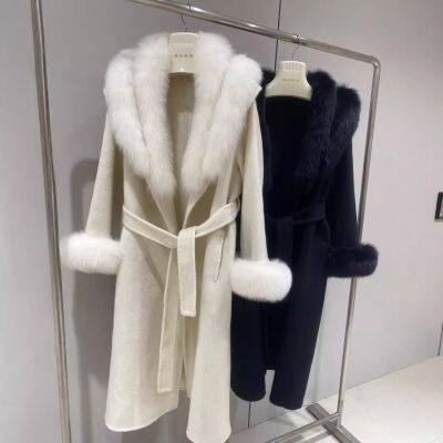 2025 Autumn Winter Women's High-End Double-Faced Wool-Cashmere Coat - Mid-Length Slimming Jacket with Fox Fur Collar