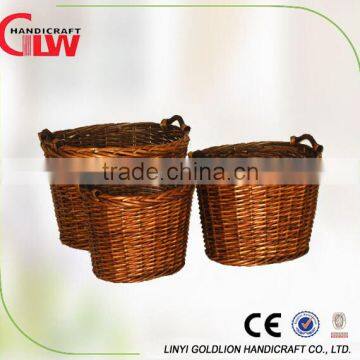 Set of 3 oval willow potato storage baskets with wooden handle