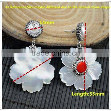 LFD-03E 925 Silver Druzy Pearl Shell With Coral Pave Rhinestone Crystal Stud Earring / Drop Earrings Jewelry Finding