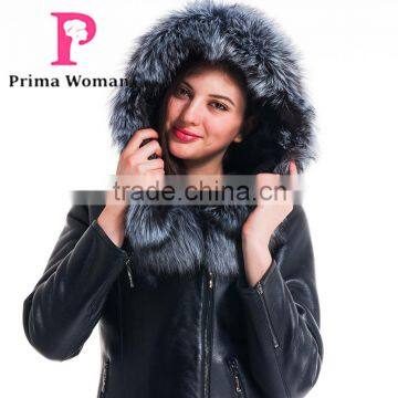 2015 Winter Leather Short Slim Fit Embroidered Women Coat With Belt Silver Fox Fur Hat photo-6