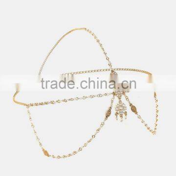 Fashion metal noble gold chain leaf cystal stone girls elastic hair bandg for sale