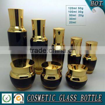 Black Glass Colored Cosmetic Bottle and Glass Cosmetic Cream Jar With Shining Gold Lid Quality Choice