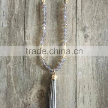 Fall Winter Grey Natural Agate beads Chain Velvet Leather Tassel Necklace