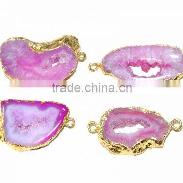 ELECTROPLATED PINK AGATE SLICE DRUZY GEMSTONE CONNECTOR