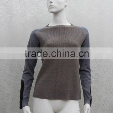 Women's Knitted Pullover With Leather Sleeve