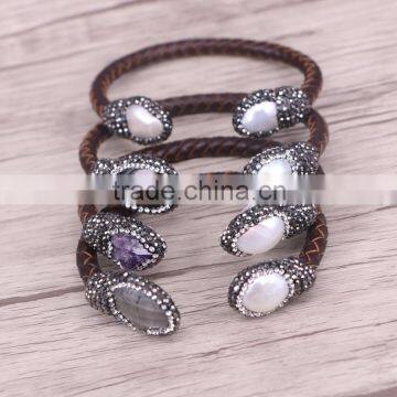 Natural Freshwater Pearl / Tiger Eye / Amethyst / Labradorite Stone Bangle Bracelet, Leather Cord DruzyJewelry Cuff Bangle photo-2