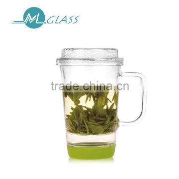 wholesale 450ml glass tea cup with stainless strainer with lid with silicon bot high borosilicate glassware TB343