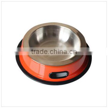 Hot sell Dog bowl with Side Grip handle rubber ring metal Stainless Steel Eating Surface animal Pet feeder/waterer