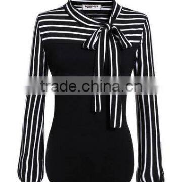Tie-bow Neck Striped Long Sleeve Splicing Autumn Shirt
