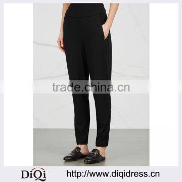 Wholesale Women Apparel Elasticated Waist Side Pockets black Tapered Jersey Trousers(DQE0347P)