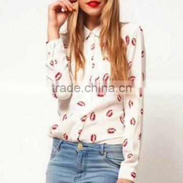 2015 Newest Hot Sell Best Summer Fashion Lip Prints t Shirt Ladies Blouse Designs Women Shirt With Long Sleeve photo-2